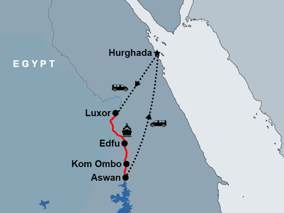 Luxor to Aswan Nile Cruise From Hurghada map Luxor to Aswan Nile Cruise From Hurghada map